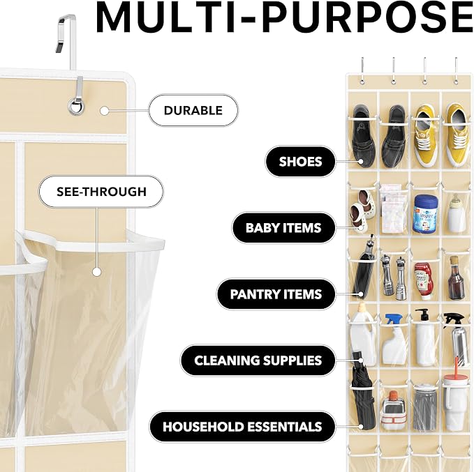 Simple Houseware 24 Pockets - Crystal Clear Over The Door Hanging Shoe Organizer, Beige (64'' x 19'') - Image 5