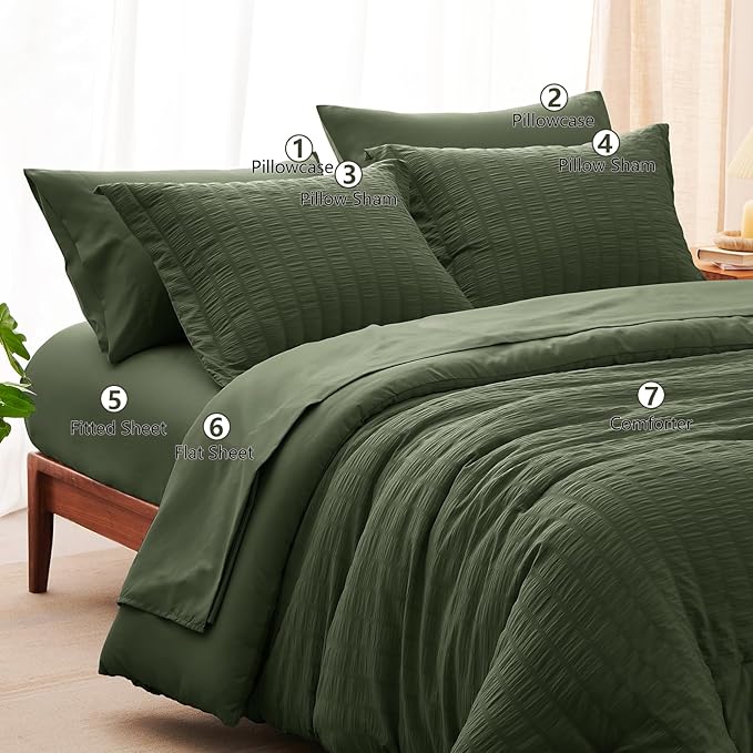 CozyLux King Size Comforter Set Olive Green Seersucker 7 Pieces Bed in a Bag King Comforter Set with Sheets, Luxury Soft Bedding Sets with Down Alternative Comforter, Sheets, Pillowcases & Shams