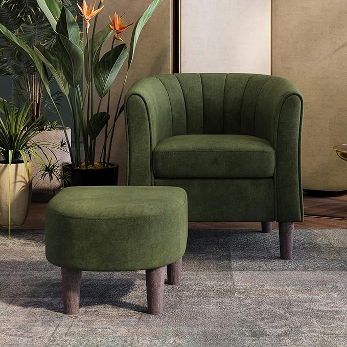 LINSY Accent Chair with Ottoman, Modern Barrel Chair Small Armchair Reading Chair with Footrest, Comfy Round Arms Chair for Living Room Bedroom Reading Room, Velvet, Olive Green
