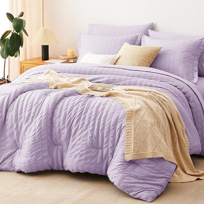 CozyLux King Size Comforter Set Light Purple Seersucker 7 Pieces Bed in a Bag King Comforter Set with Sheets, Lavender Luxury Bedding Sets with Down Alternative Comforter, Sheets, Pillowcases & Shams