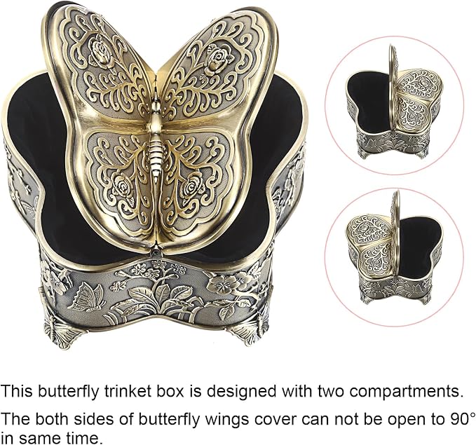 Hipiwe Antique Metal Jewelry Box Butterfly Shape Jewelry Storage Organizer Vintage Trinket Box Treasure Chest for Ring Earrings Necklace Decorative Keepsakes Box, Bronze, Large - Image 3