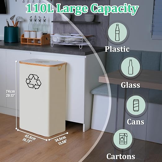 iEGrow 29 Gallons Recycling Bins for Kitchen, Indoor Recycle Bins with Lid, 110L Large Recycle bin with 2 Removeable Reusable Inner Bags, for Bottles Cans Glass Plastice Cartons(Beige) - Image 3
