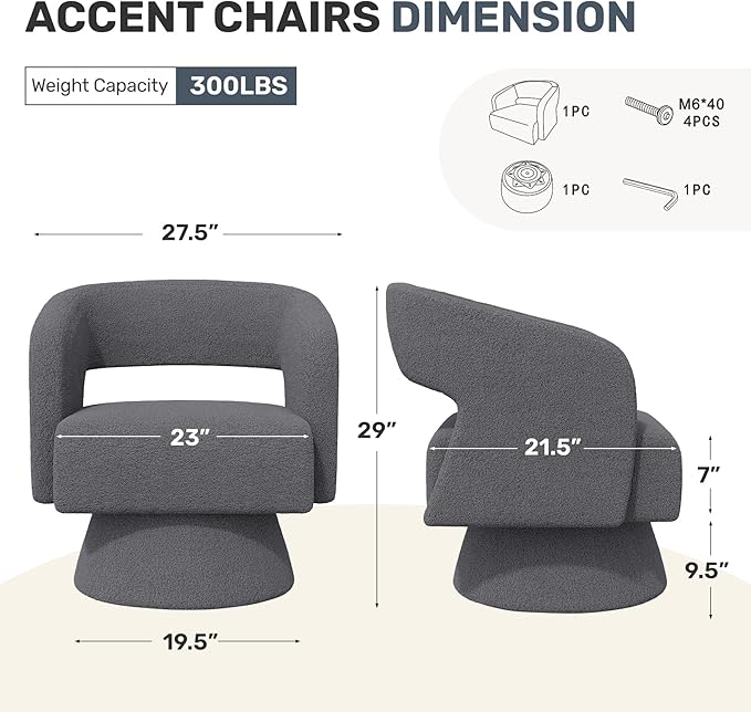 Nebuaegis Swivel Accent Chair Set of 4, Modern Comfy Teddy Barrel Chairs, Oversized Upholstered Round Arm Chair for Living Room, Bedroom, Reading Room, Dark Grey