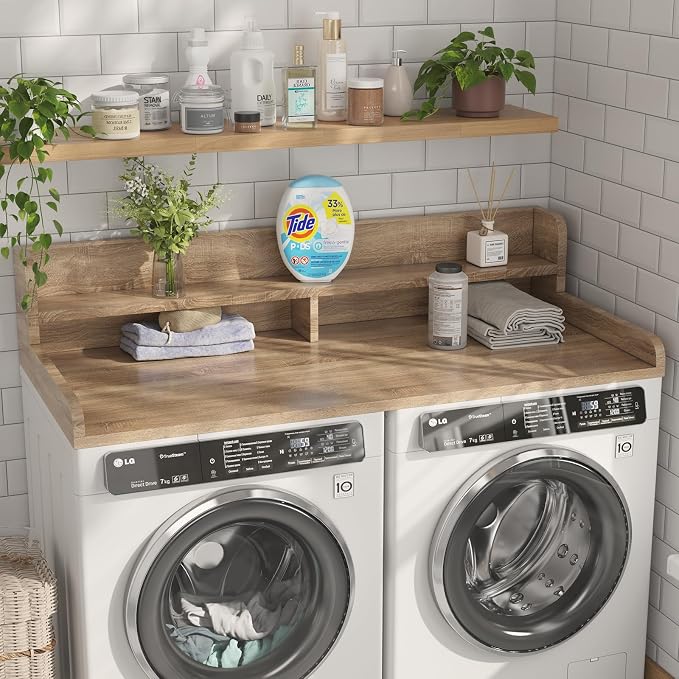 2-Tier Washer Dryer Countertop with 2.75" H Edge Rails, 58" W x 28" D Laundry Countertop for Folding Clothes, Washer and Dryer Topper with Non-Slip Pad (White Oak) - Image 2