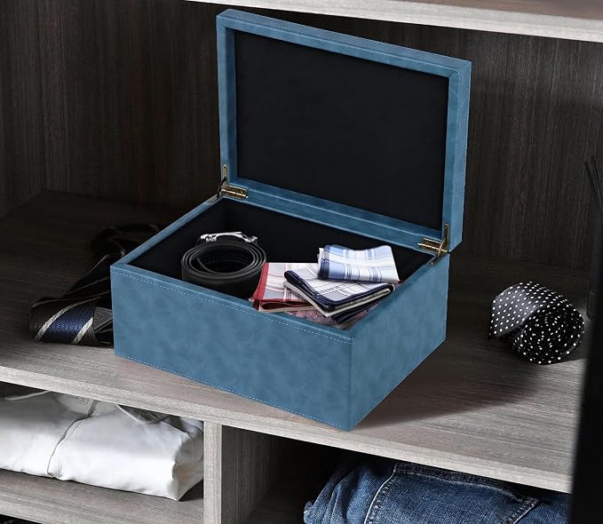HofferRuffer Faux Leather Decorative Box, Large Wooden Structure Keepsake Box Accessory Organizer Jewelry Organizer with Hinged Lid, Storage Container for Home or Office (Blue) - Image 5