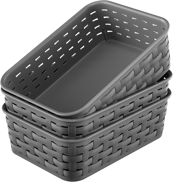 3 Pack Small Plastic Basket, Storage Bin Baskets for Organizing, Pantry Organizer Household Wicker Storage for Laundry Room, Bedrooms, Kitchens, Cabinets, Countertops, Dark Gray by FUCDTEFC