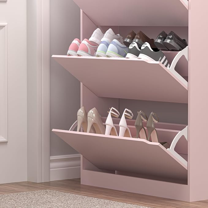 BORNOON Shoe Cabinet with 3 Flip Drawers, Hidden Wood Shoe Cabinet,Freestanding Shoe Storage Cabinet for Entryway Hallway.White. 47.2" H*31.5" W*9.45" D (Pink) - Image 6