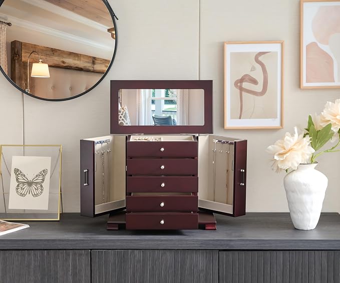 Brown 5 Layer Jewelry Box for Women,Top With Mirror Wooden Jewelry Organizer,With 8 Hook And Velvet Lining Large Jewelry Storage,For Watch Necklace Ring Earring Storage Gifts - Image 2