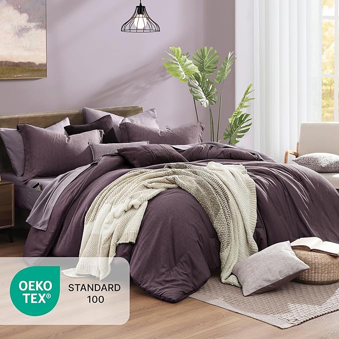 Monbix Super King Comforter Set, Italian Plum Cationic Dyeing Bedding Set Reversible, Bed in a Bag 7 Pieces with Comforter, Sheets, Pillowcases & Shams