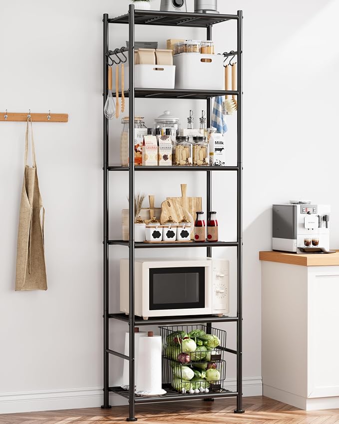 Sakugi Storage Shelves - 6-Tier Large Capacity Shelf Organizer with Hooks, Heavy-Duty Garage Shelving with Leveling Feet, Wobble-Free Rack for Bedroom, Balcony, Garage, 18.1"×12.4"×70.1", Black - Image 2