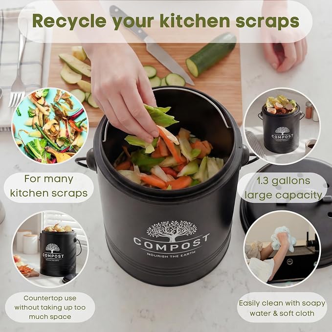 Perfnique Kitchen Compost Bin, 1.3 Gallon Countertop Compost Bin with Lid, Indoor Compost Bucket Includes Inner Bucket Liner and Carbon Filter, Small Compost Bin with Trash Bags (with Bags, Black) - Image 3