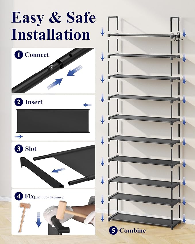 Kitsure Shoe Rack for Closet - 10-Tier Shoe Organizer with Hook Rack, Large-Capacity & Space-Saving Shoe Shelf for Entryway, Bedroom, Living Room,32.2" x 11.8" x 68.5", Black - Image 7