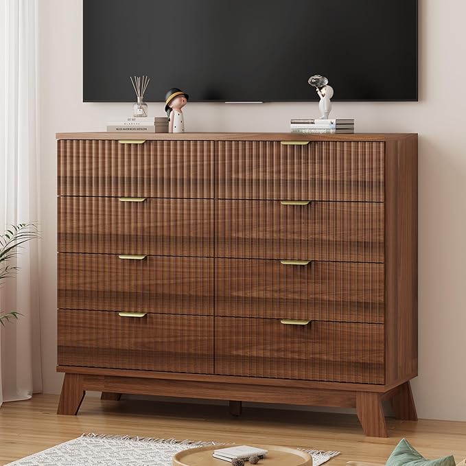 Xixini Fluted Dresser for Bedroom with 8 Drawers, 48" Wide Modern Chest of Drawers with Metal Handle, Wooden Dresser TV Stand, Wood Closet Clothes Storage Organizer for Living Room, Hallway, Walnut