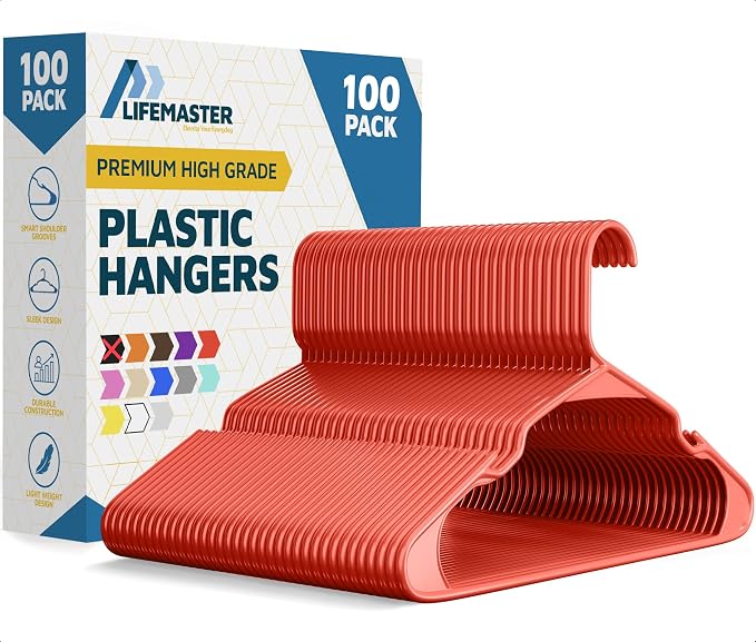 Lifemaster Plastic Clothes Hangers – Heavy Duty Hanger Set, for Organizing Clothes, Dresses, and Coat, Holds Up to 5 lbs, Space-Saving Hangers with Non-Slip Shoulder Grooves, Pack of 100, Red by LIFEMASTER