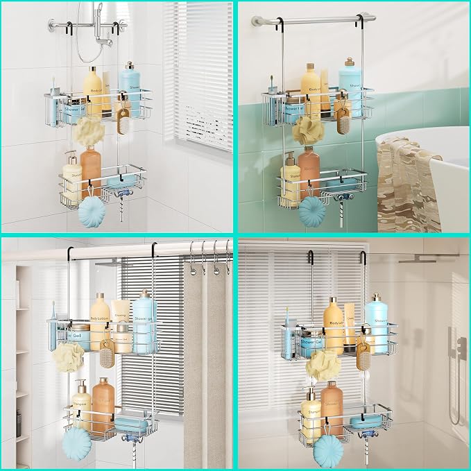 HapiRm Hanging Shower Caddy Organizer - No Drilling Shower Shelves with Hooks and Toothbrush Holder, Rustproof 304 Stainless Steel Bathroom Organizer - Silver - Image 4