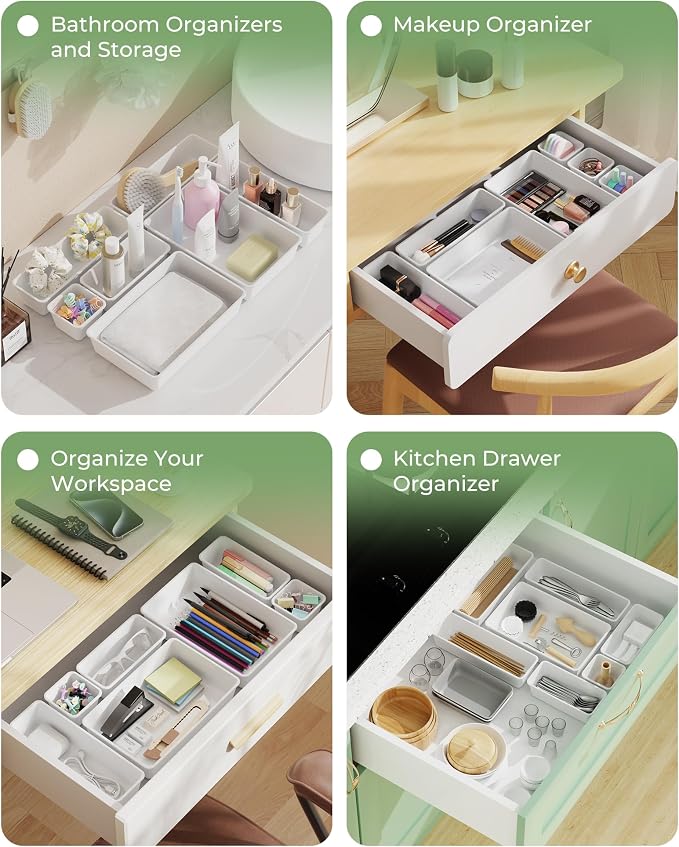 BiuLeon 25 PCS Plastic Drawer Organizers Set, 4-Sizes Vanity and Makeup Organizer, Desk and bathroom Drawer Organizer Trays, Organizers and Storage for Makeup, Jewelry, Gadgets, Utensils (White) - Image 7