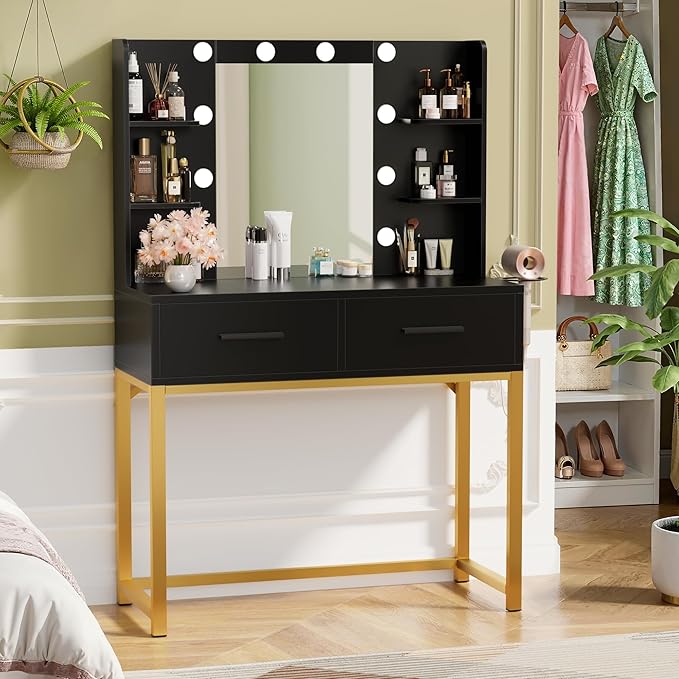 YESHOMY Vanity Desk with Mirror, Makeup Table with 2 Large Drawers, Power Outlet and Round Holder, 3 Color Modes Adjustable Bulb, Pure Black & Golden