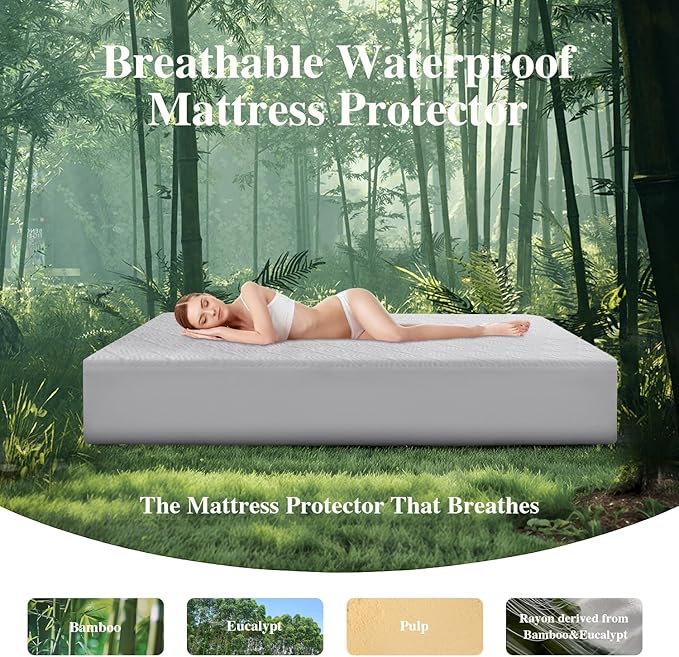 California King Mattress Protector, Waterproof Mattress Pad Washable Rayon Mattress Cover Breathable Noiseless Bed Protector 3D Patterns 5" - 21'' Elastic Fitted Deep Pocket(Light Grey)