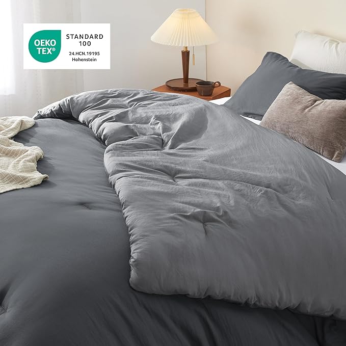 Bedsure Queen Comforter Set, Dark Gray Soft Prewashed Bedding for All Seasons, 3 Pieces GentleSoft™ Bed Set, 1 Lightweight Comforter (90"x90") and 2 Pillowcases (20"x26")