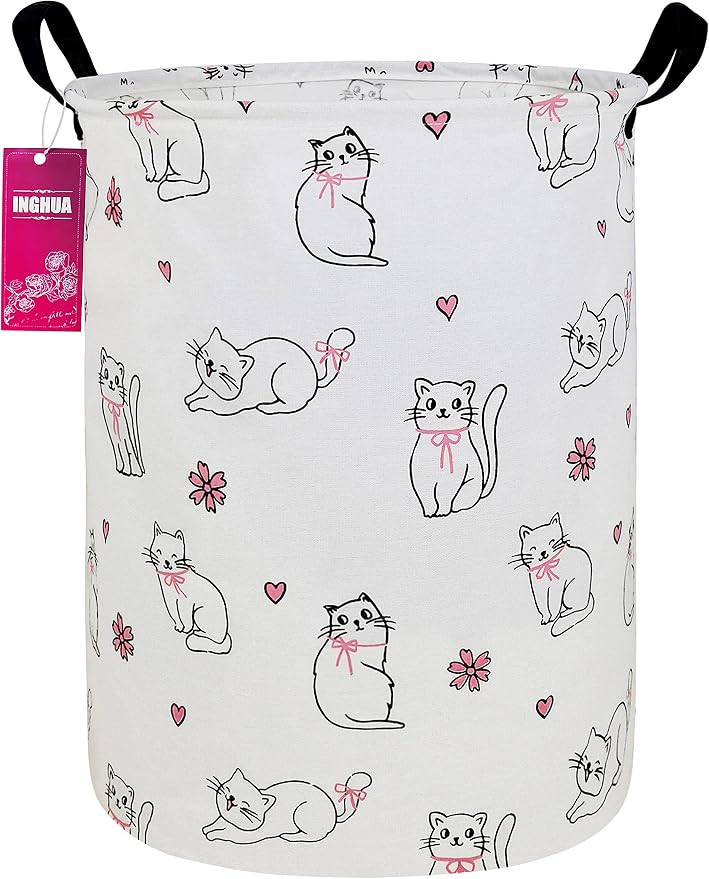 Laundry Hamper Large Canvas Fabric Lightweight Storage Basket/Toy Organizer/Dirty Clothes Collapsible Waterproof for College Dorms, Boys and Girls Bedroom,Bathroom(Love cat) by INGHUA