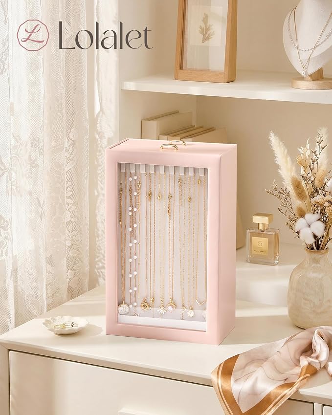 Lolalet Upgraded Double-Sided Hanging Necklace Organizer Box, Jewelry Display Case with Double-Sided Clear Window for Necklaces Bracelets, Tangle-Free Necklace Storage Box, Mothers Day Gift - Image 4