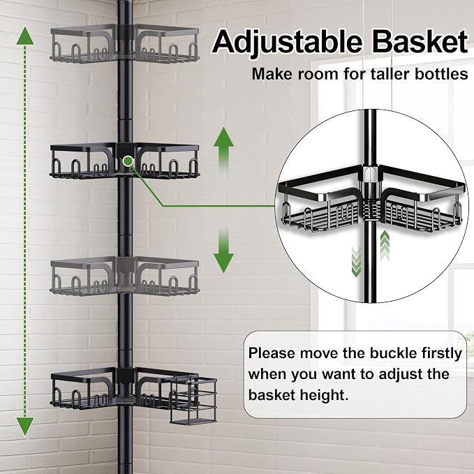 Corner Shower Caddy Tension Pole 4 Tier Adjustable Stainless Steel Shower Shelf for Inside Shower Bathtub Shampoo,Standing Bathroom Organizer Shelves with 39 to 113 inch Height - Image 7