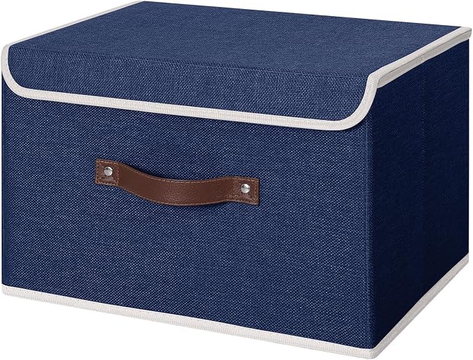 ANMINY Storage Bin with Lid Storage Boxes with PU Leather Handles PP Plastic Board Decorative Foldable Lidded Cotton Linen Fabric Home Cubes Baskets Closet Organizer Container - Blue, Large Size by ANMINY