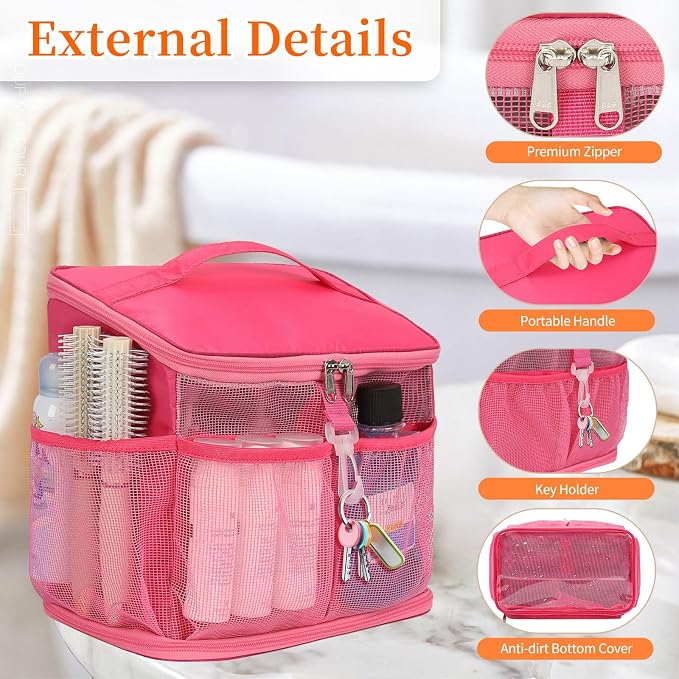 CUBETASTIC Shower Caddy Portable Mesh Shower Tote for Bathroom, Gym, Travel, Camping - Quick Dry Hanging Organizer Toiletry Bag with Handle for College Dorm Room, Men & Women (A# Hot Pink, 9.8") - Image 3