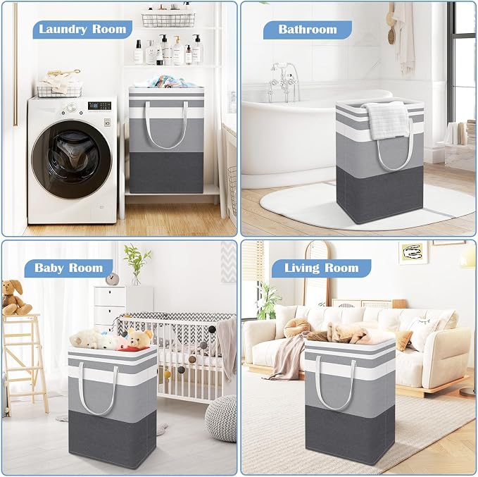 BlissTotes 3-Pack Laundry Basket, Freestanding＆Waterproof Laundry Hamper, Collapsible Tall Clothes Hamper with Easy Carry Handles for Clothes, Towels in the Family and Dorm,Gradient Grey,100L - Image 6
