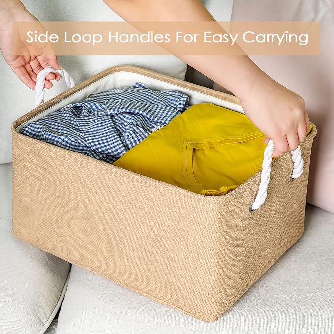 TheWarmHome Large Storage Basket - Fabric Storage Baskets for Organizing Shelves, Collapsible Storage Bin Organizer for Closet Bookself Laundry Dog Toy Home Organization, Decorative Beige Basket Gift - Image 3