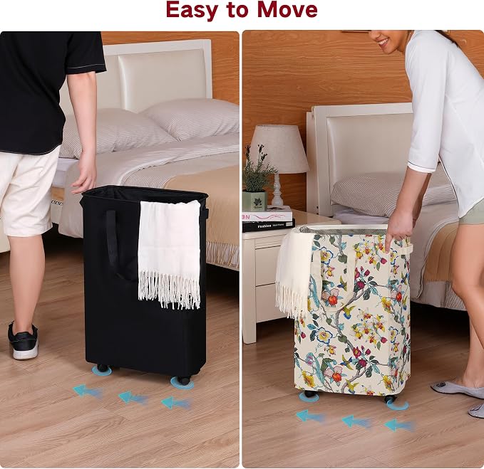 efluky Slim Laundry Hamper with Wheels, Rolling Laundry Basket for Clothes, Small Laundry Basket for Bedroom, Dorm and Laundry Room, 75L (19.8 Gallons) Floral - Image 3