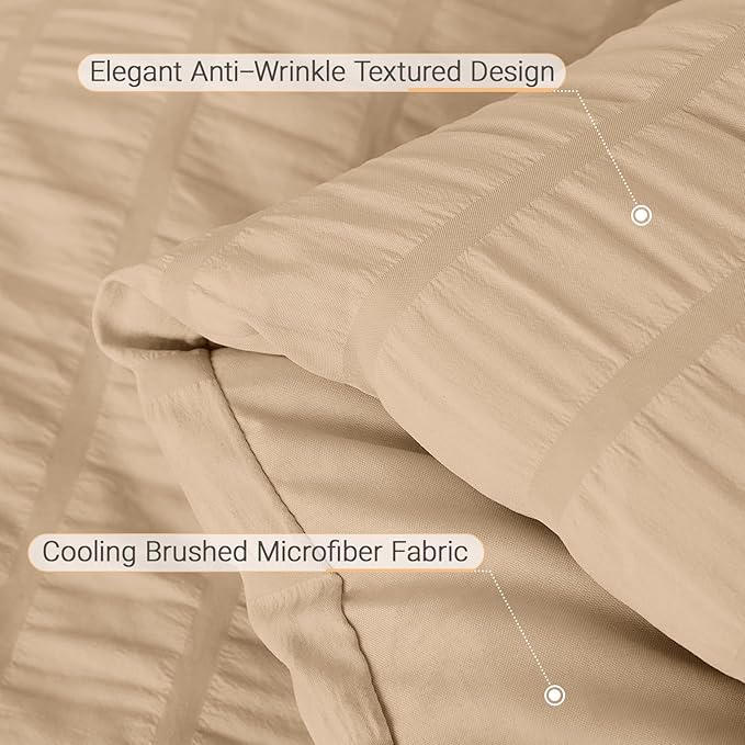 MUXHOMO 5 Pieces Twin Comforter Set, Seersucker Bed in a Bag Twin Size, All Season Luxury Bedding Set with Comforter, Flat Sheet, Fitted Sheet, Pillowcase & Sham, Khaki