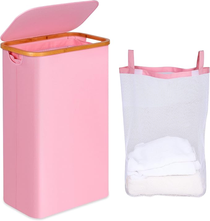 iEGrow 75L Slim Laundry Hamper, Narrow Laundry Basket with Lid,Foldable Clothes Hamper with Bamboo Handles,Hamper Basket with Removable Inner Bag for Laundry Room Bedroom College Dorm,19.8 Gals Pink by iEGrow