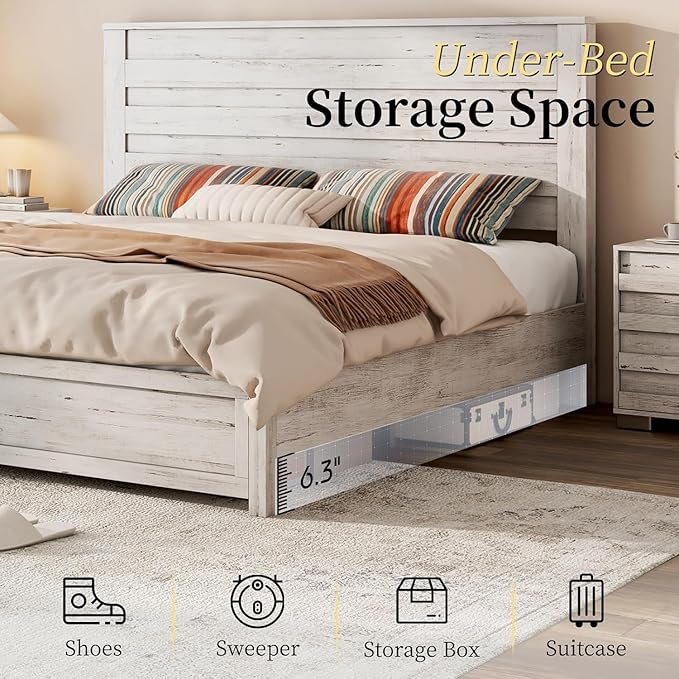 LUXOAK 3 Pcs Bedroom Furniture Sets, Farmhouse Full Size Bed Frame with 49" Tall Headboard and Nightstand Sets of 2 with Charging Station, Slated Handles & Stainless Steel Feet, Distressed White