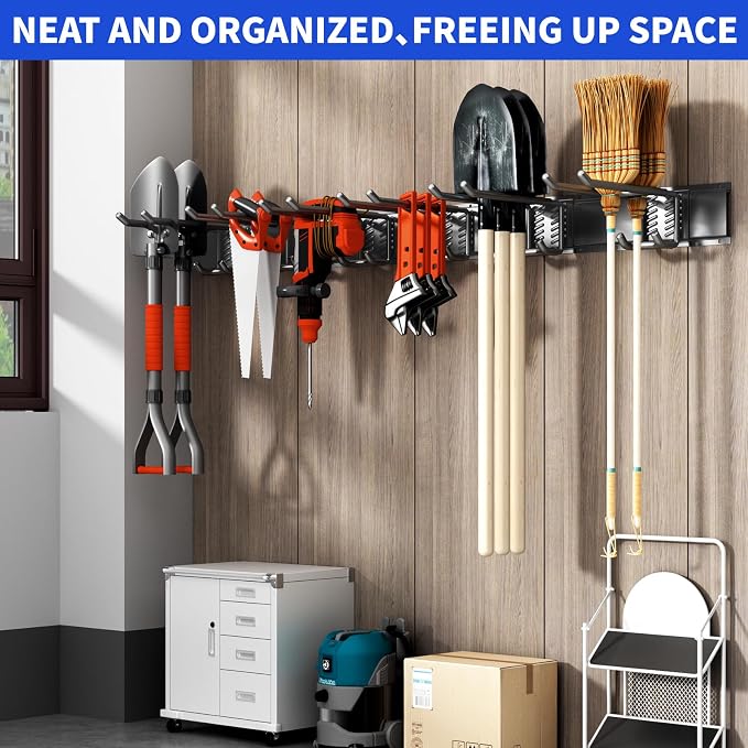 Garage Tool Organizer Wall Mount, 48inch Heavy Duty Garden Tool organizer Storage System, Easy Install With 6 Adjustable Bilayer Hooks, For Garage, Basement, Shed, Workshop(Black) - Image 6