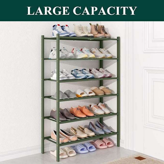 Smiry Bamboo Shoe Rack for Closet, 6 Tier Wooden Stackable Shoe Organizer, Free Standing Shoes Storage Shelf for Entryway, Front Door Entrance, Green - Image 4