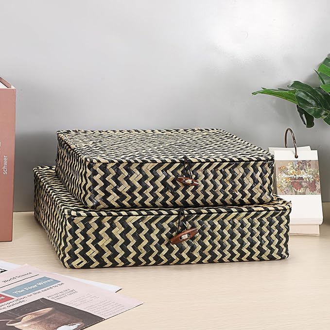 Hipiwe Woven Storage Basket with lid - Flat Wicker Storage Baskets Bins Natural Seagrass Storage Baskets Box for Shelf Home Decor, Set of 2, Blacks Strips - Image 2