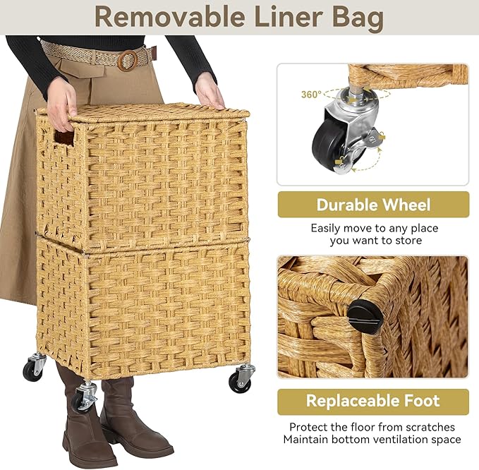 Chrislley 90L Slim Laundry Hamper with Wheels, Rolling Laundry Basket with Lid and Renovable Liner Bag, Handwoven Rattan Organizer for bedroom, bathroom, laundry room (Yellow) - Image 5