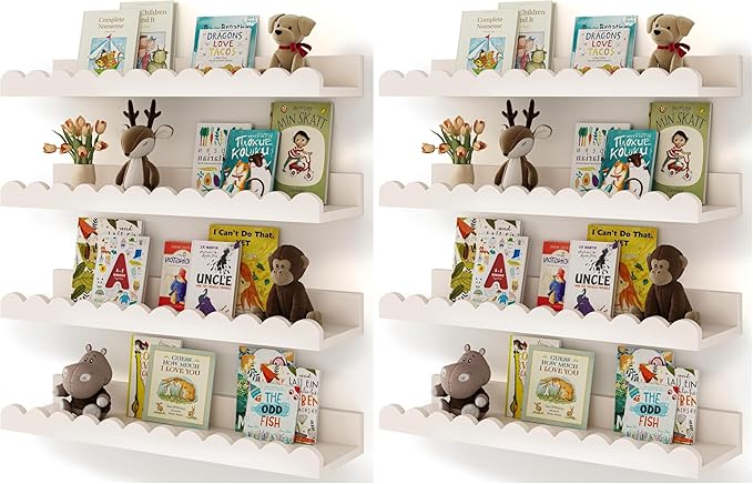 Shario Nursery Book Shelves, 8-Pack White Floating Shelves for Wall Kids, Scalloped Shelves, Wall Book Shelves for Bedroom Kids, Toddler Room, Baby Room, Nursery Decor by Shario