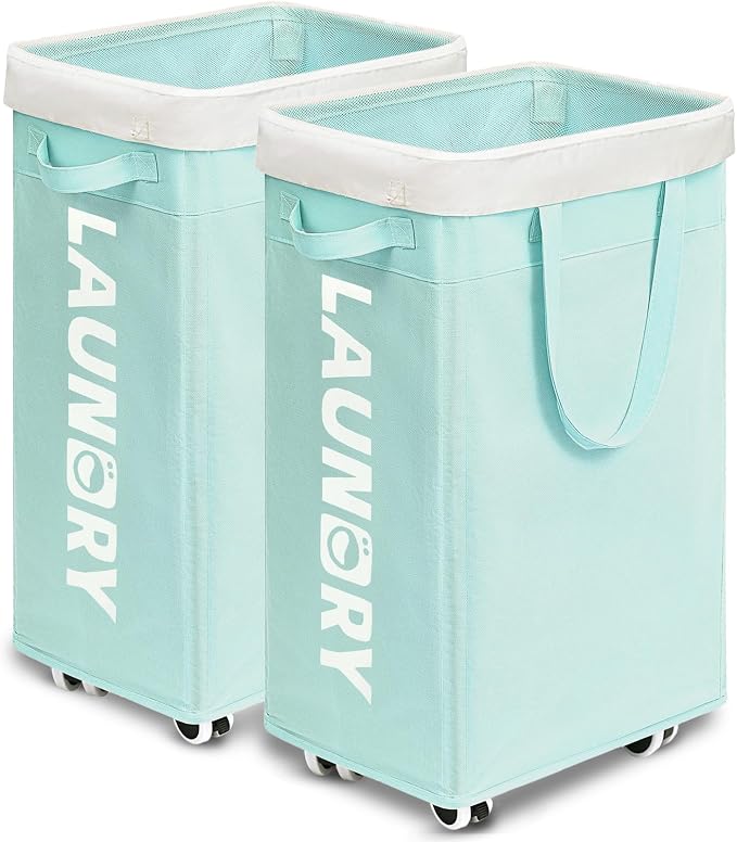 Goodpick Rolling Laundry Basket with Wheels 2-Pack, 75L Large Collapsible Laundry Hamper with Removable Wash Bag Space for living room, Blue by Goodpick