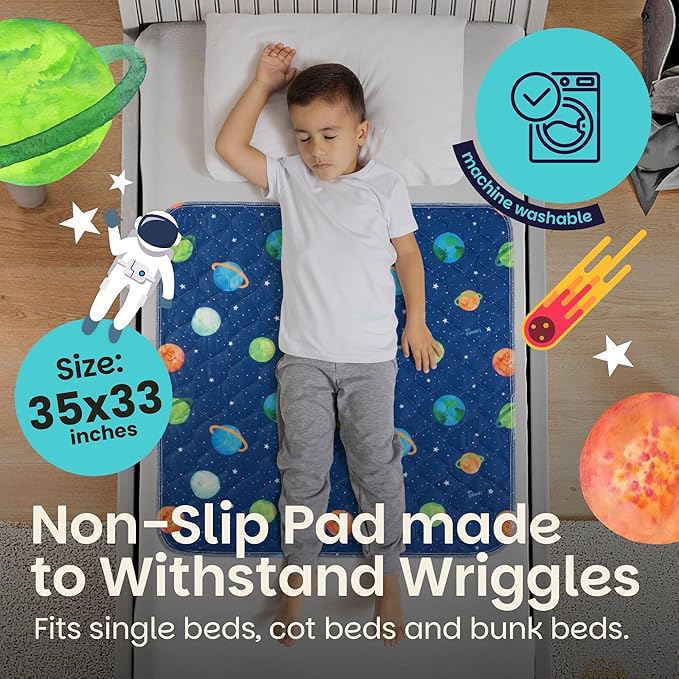 Lynmark® Potty Training Mattress Protector Pee Pads for Kids - Waterproof Toddler Bed Wetting Mat for Toilet Training - Non-Slip Washable Bedwetting Topper Absorbs Up to 2000ml - 35" x 33", Astronaut