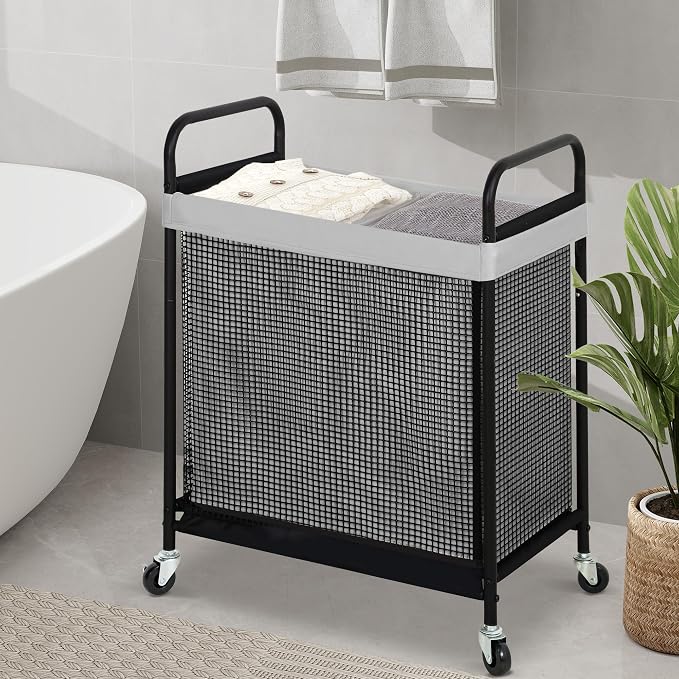STO STO Laundry Hamper 2 Section, 100L Rolling Laundry Sorter Cart with Removable and Washable Liner Bag, Clothes Hamper with Wheels and Metal Handle for Laundry Room and Bedroom, Gray - Image 3