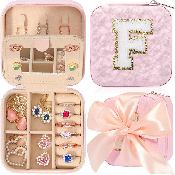 CHMI Travel Jewelry Case, Pink Travel Jewelry Box, Travel Jewelry Organizer, Travel Gifts for Women Girls, Jewelry Organizer Box, Birthday Gifts for Women, Christmas Gifts for Teens Girls - Initial F by CHMI