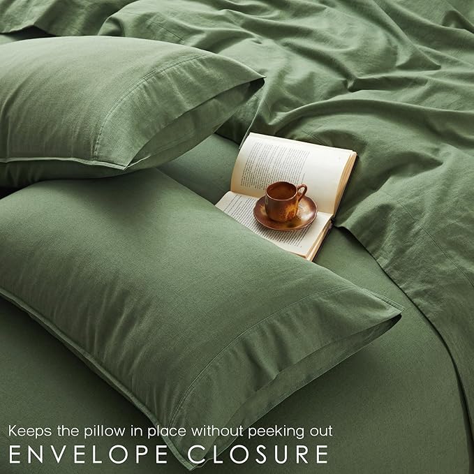 4Pcs Linen Sheets Queen Size, 100% French Linen from Normandy, Breathable Forest Green Queen Sheet Set with 16 Inch Deep Pocket, 1 Flat Sheet, 1 Fitted Sheet, 2 Pillowcases