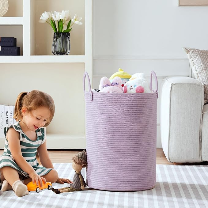 60L Large Purple Laundry Hamper Basket for Nursery Kids Tall Lavender Blanket Basket for Girls Cotton Rope Lilac Clothes Hamper in Bedroom 15Dx20H inches - Image 5
