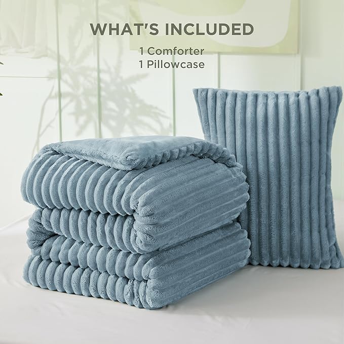 Bedsure Twin/Twin XL Size Comforter - GentleSoft™ 2 Pieces Double-Side Fleece Fluffy Mineral Blue Comforter Set, Cozy Striped Room Decor Aesthetic Luxury Twin Bedding Sets, 1 Pillowcase, 68x88 Inches