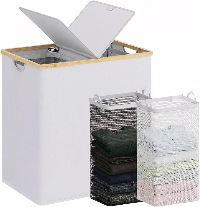 efluky Laundry Hamper with Lid, Double Laundry Hamper with 2 Removable Bags, 2 Section Laundry Basket with Bamboo Handles for Bathroom, Bedroom & Laundry Room, 140L (36.9 Gallon) Light Grey by efluky