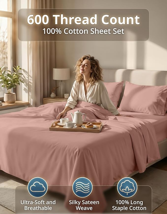 LANE LINEN California King Sheet Sets - 600 Thread Count Premium Sateen Weave - Thick & Comfy Cotton Sheets for Hotel Quality Softness - 15'' Deep Pocket for Snug Fit to Your Mattress - Sepia Rose