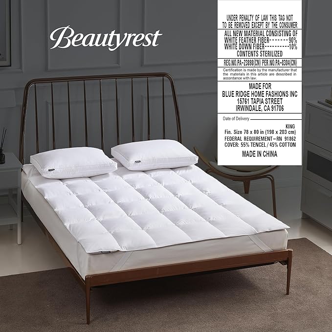 Beautyrest White Feather Down Mattress Pad King Size - 233 Thread Count Tencel/Cotton Blend Featherbed Cover with Elasticized Anchor Bands Mattress Pad