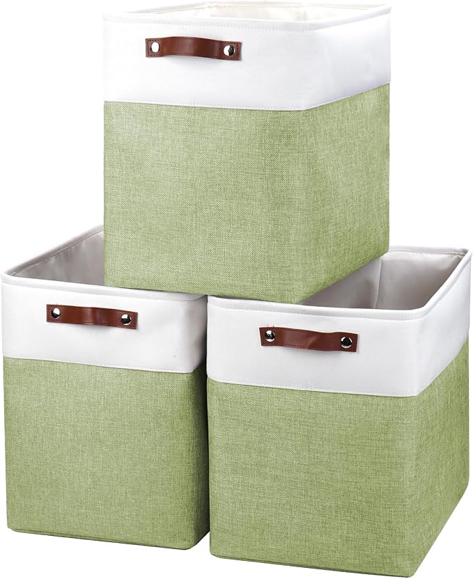 Bagnizer Large Fabric Storage Baskets | 50L Storage Bins, Decorative Linen Closet Baskets with Handles for Organizing, Shelf, Toys, Clothes, Home, Office, Nursery, 17x12x15Inches (Green&White) by Bagnizer